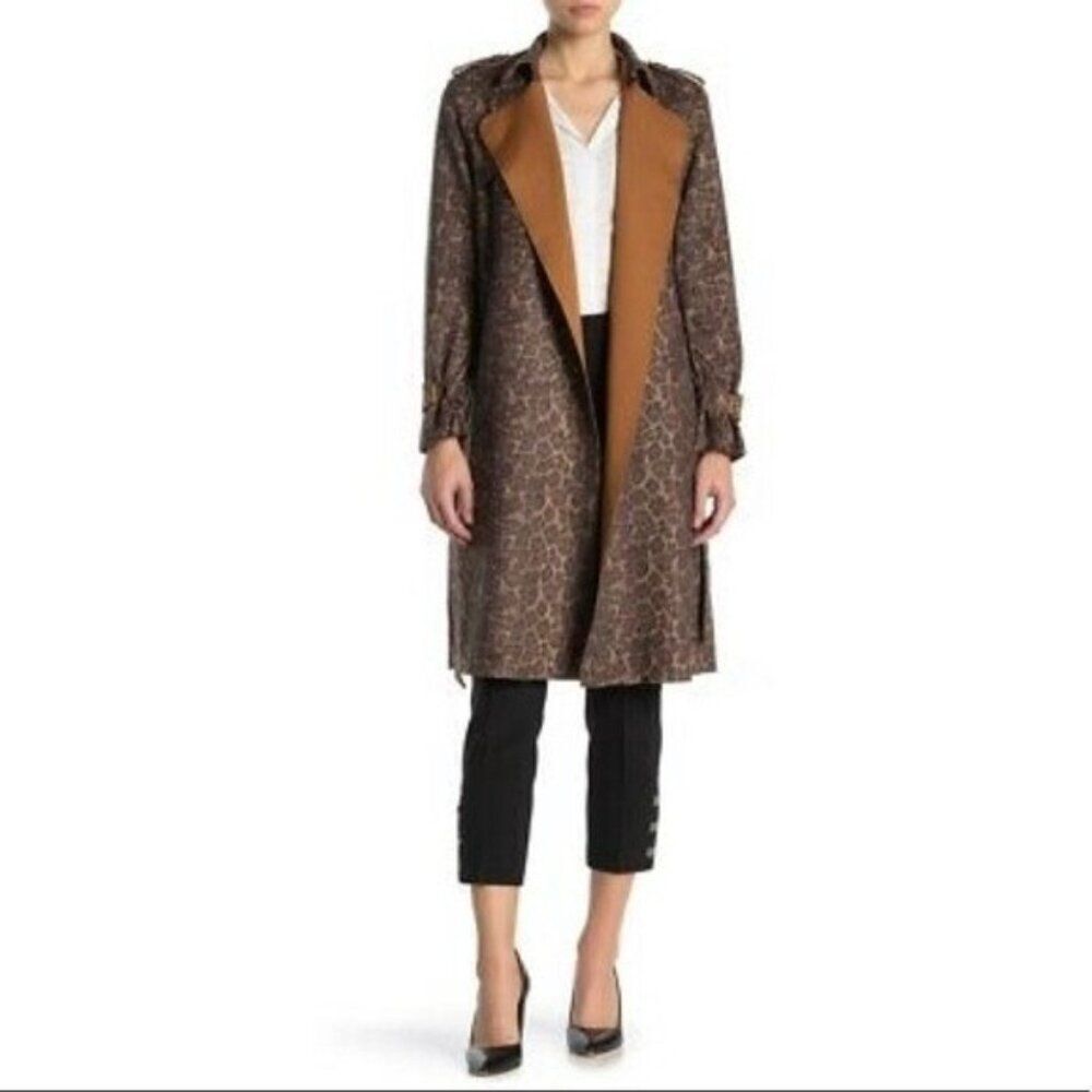 Catherine Malandrino Faux Suede Trench Coat Womens XS Brown Leopard Print - Picture 2 of 10